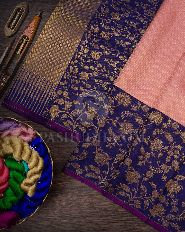 Peachy Pink And Royal Blue Kanjivaram Silk Saree-S1070(K)