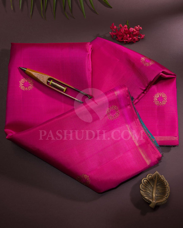 Fuchsia Pink And Dual Shaded Greyish Purple Borderless Pure Zari Kanjivaram Silk Saree-SP317