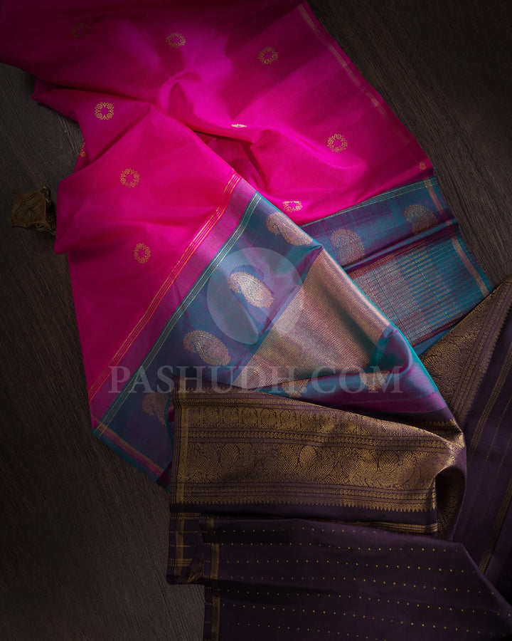 Fuchsia Pink And Dual Shaded Greyish Purple Borderless Pure Zari Kanjivaram Silk Saree-SP317