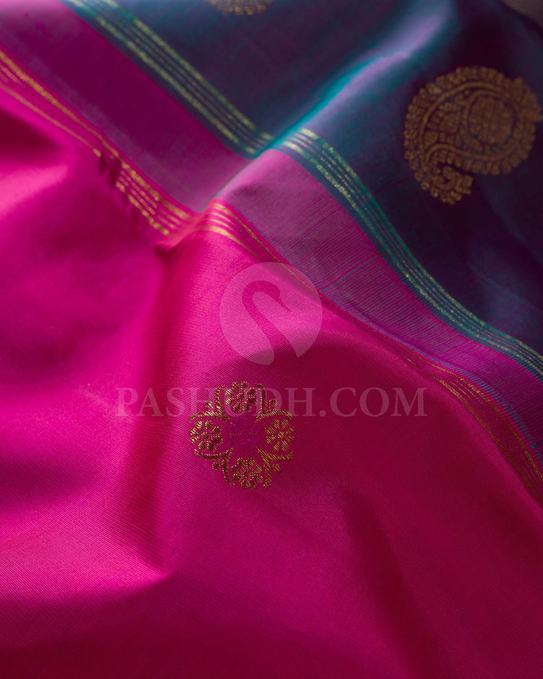 Fuchsia Pink And Dual Shaded Greyish Purple Borderless Pure Zari Kanjivaram Silk Saree-SP317
