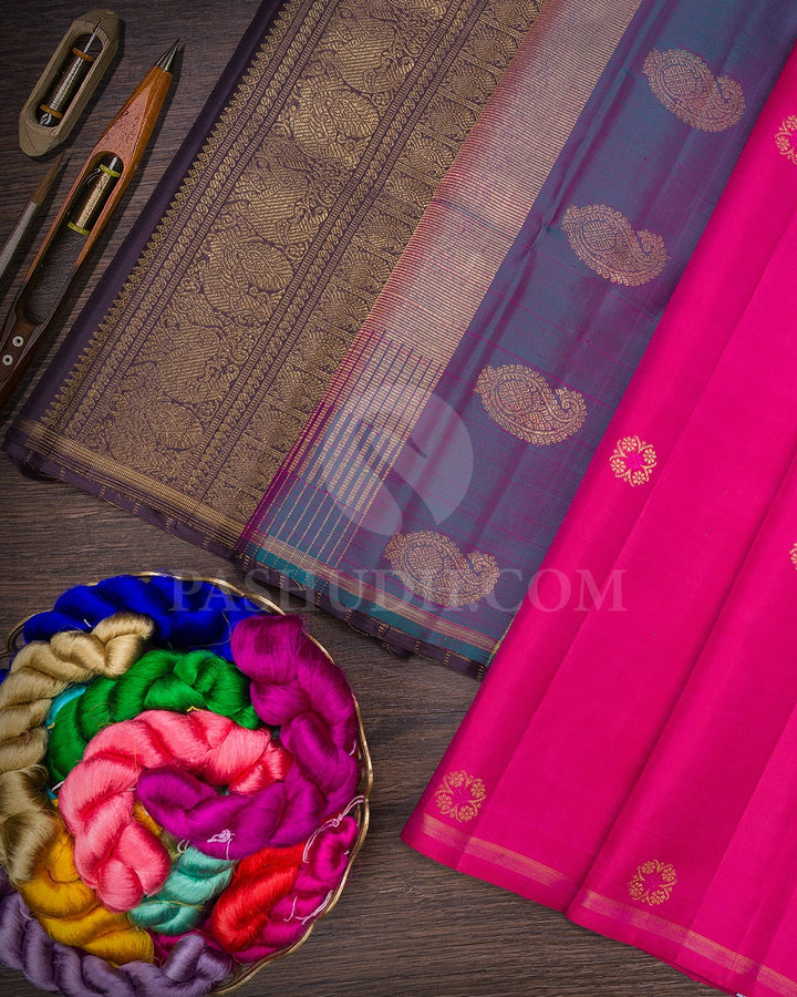 Fuchsia Pink And Dual Shaded Greyish Purple Borderless Pure Zari Kanjivaram Silk Saree-SP317