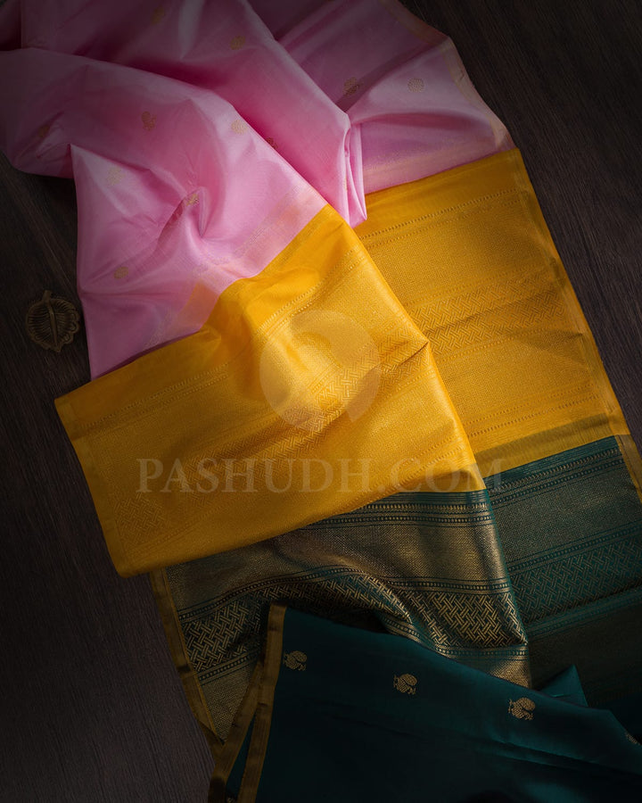 Baby Pink And Dual Shaded Dark Green Pure Zari Kanjivaram Silk Saree-SP305