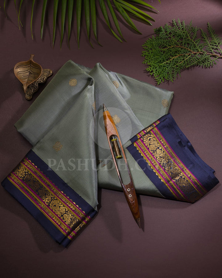 Sage Green With Navy Blue Pure Zari Kanjivaram Silk Saree-SP319