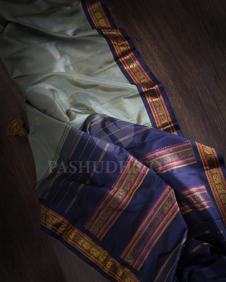 Sage Green With Navy Blue Pure Zari Kanjivaram Silk Saree-SP319