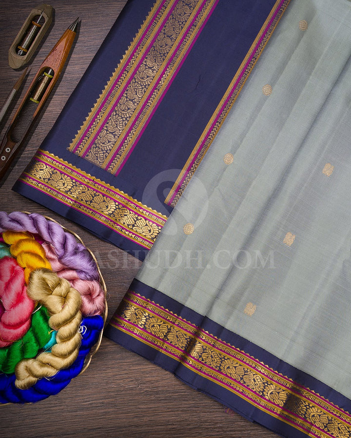 Sage Green With Navy Blue Pure Zari Kanjivaram Silk Saree-SP319