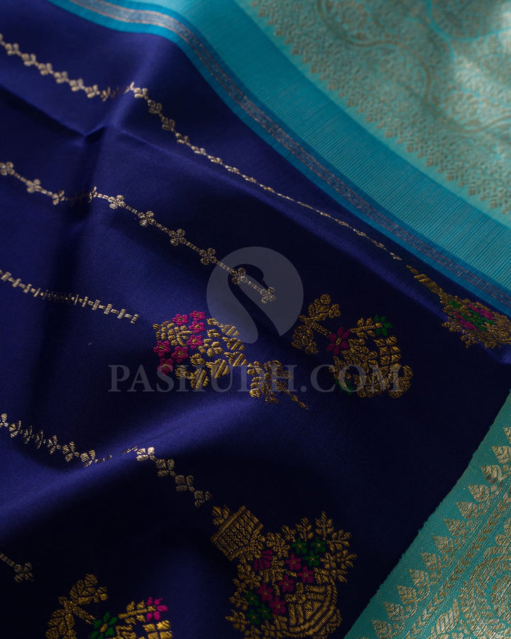 Royal Navy Blue And Aqua Blue Kanjivaram Silk Saree-S1499(A)