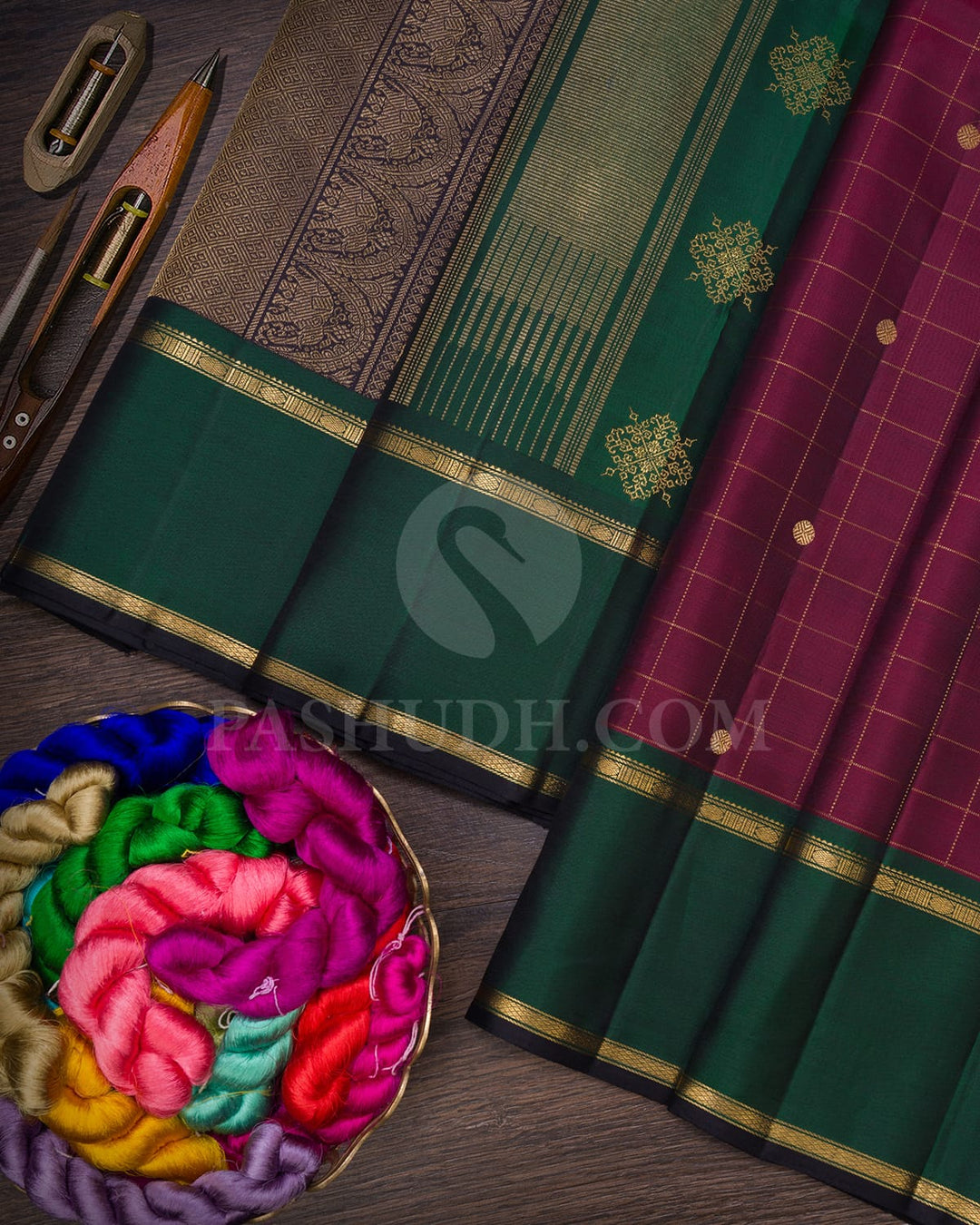 Maroon And Bottle Green Kanjivaram Silk Saree-SP314