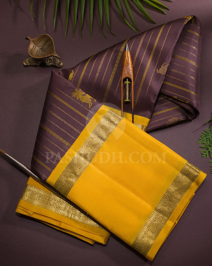 Chocolate Brown And Turmeric Yellow Pure Zari Kanjivaram Silk Saree-SP309
