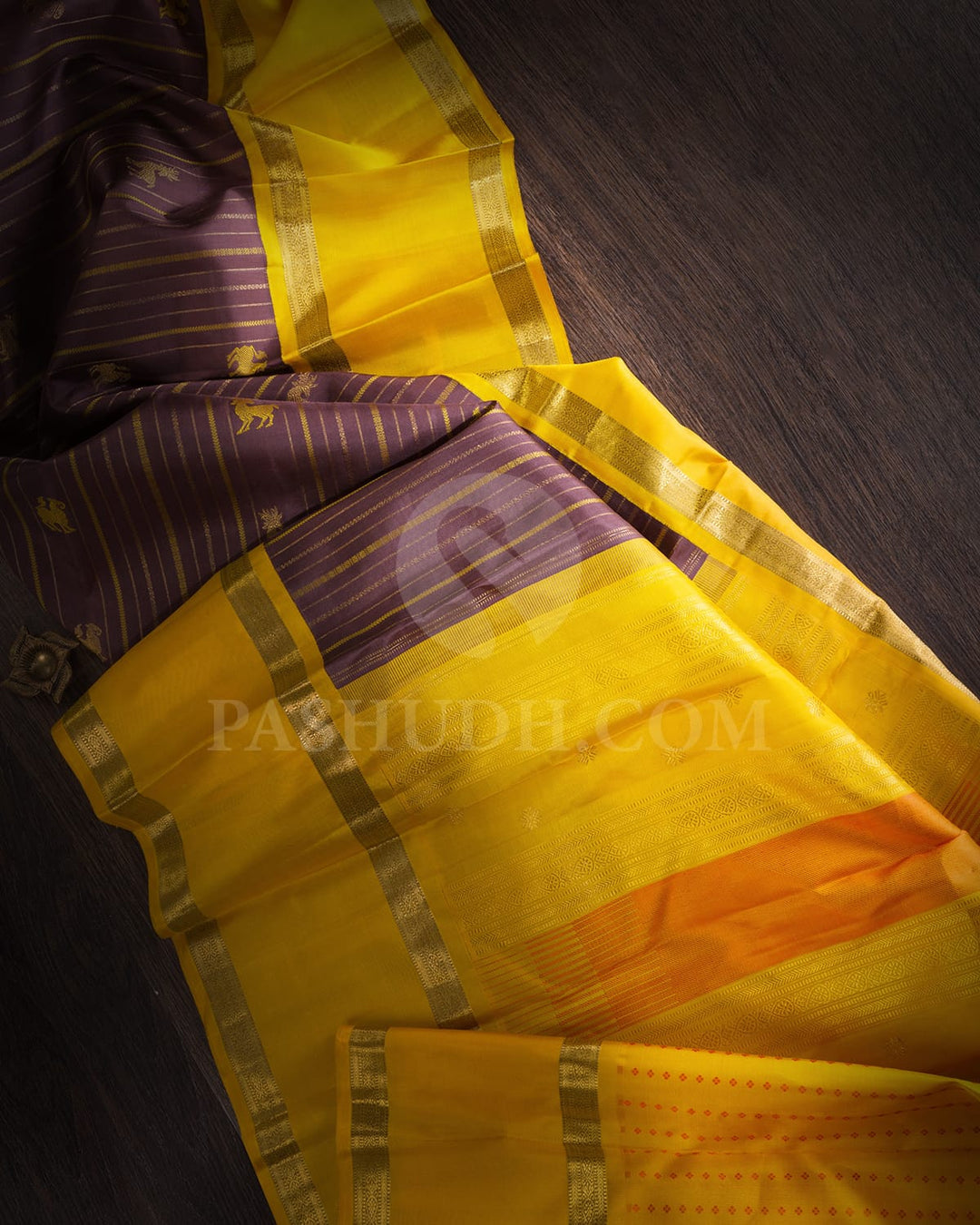 Chocolate Brown And Turmeric Yellow Pure Zari Kanjivaram Silk Saree-SP309