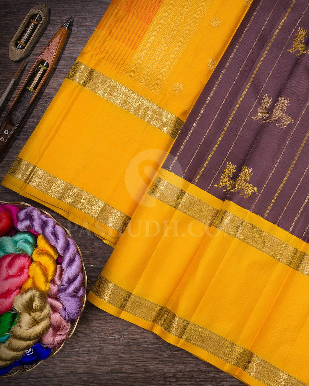Chocolate Brown And Turmeric Yellow Pure Zari Kanjivaram Silk Saree-SP309