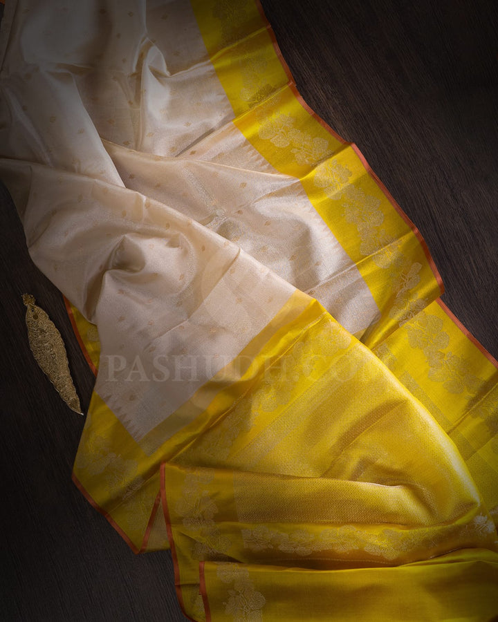 Beige And Bright Yellow Kanjivaram Silk Saree-DJ394(A)