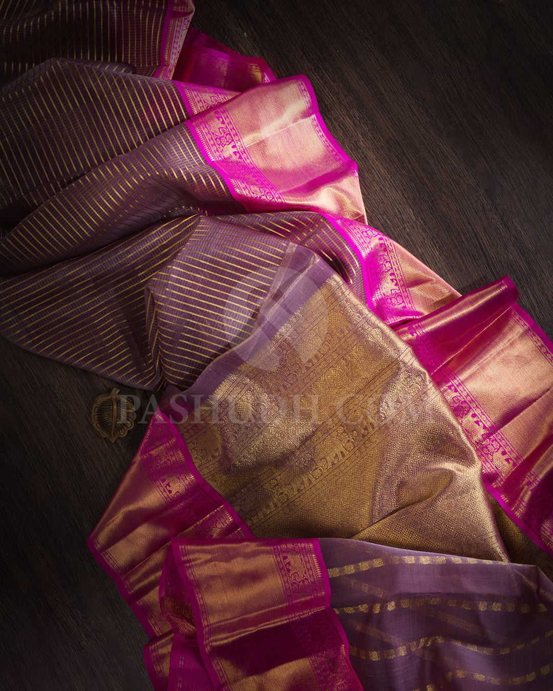 Deep Lavender And Bright Pink Pure Zari Kanjivaram Silk Saree-SP328