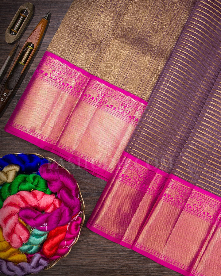 Deep Lavender And Bright Pink Pure Zari Kanjivaram Silk Saree-SP328