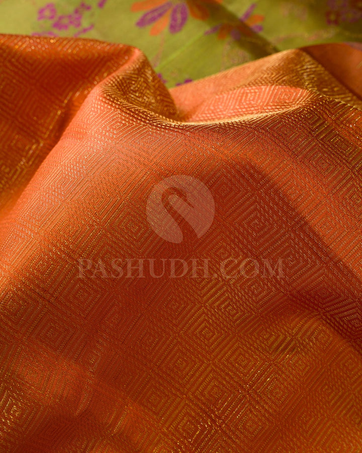 Orange And Pear Green Kanjivaram Silk Saree-DJ389(B)