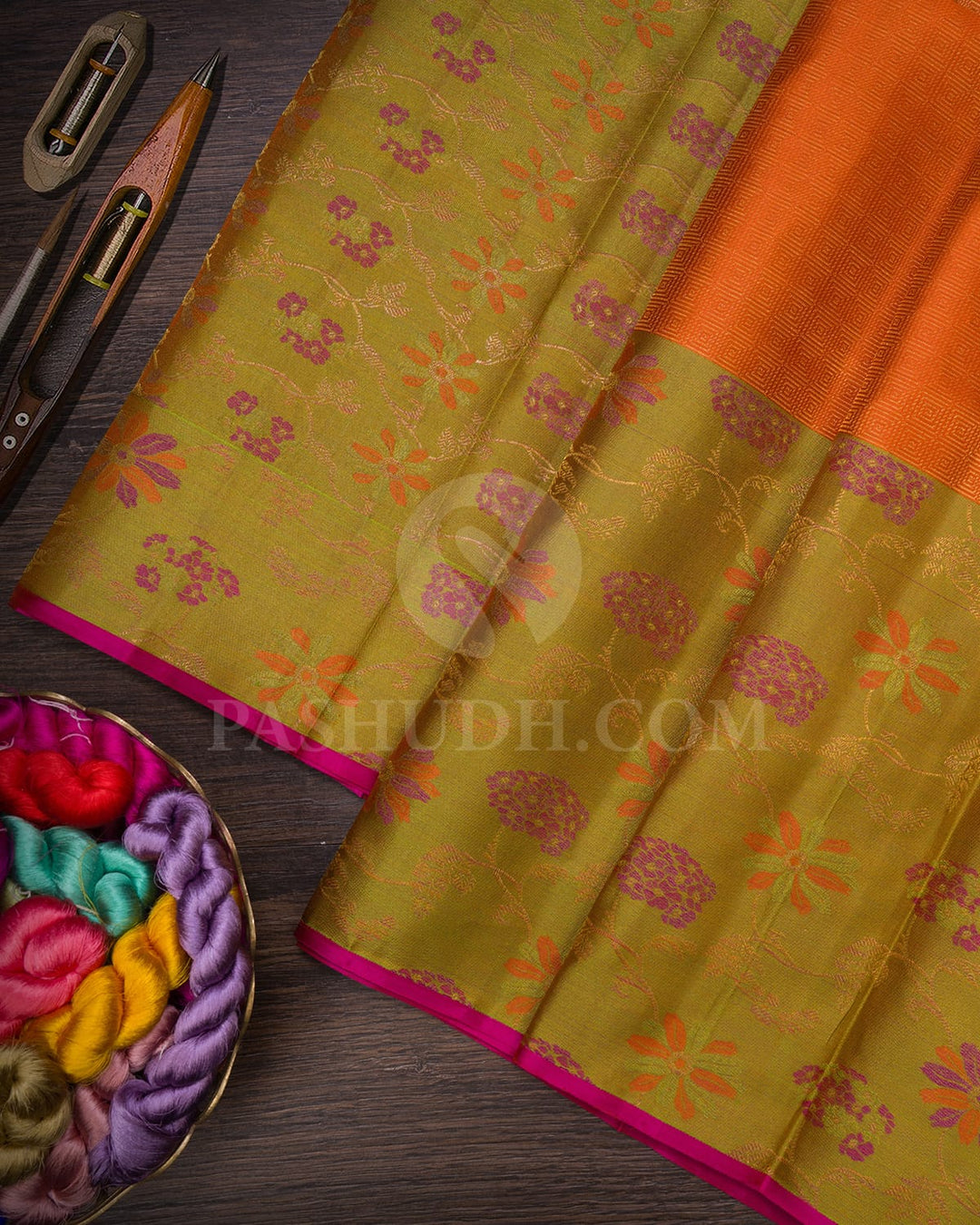 Orange And Pear Green Kanjivaram Silk Saree-DJ389(B)