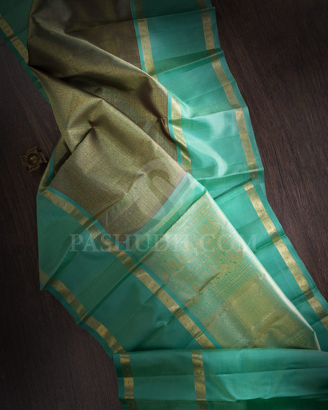 Dual Shaded Green And Teal Blue Pure Zari Kanjivaram Silk Saree-SP290