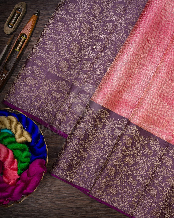 Watermelon Pink And Heather Purple Kanjivaram Silk Saree-S1551(B)