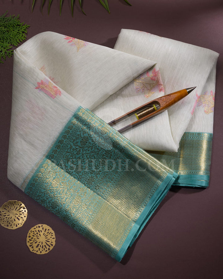 Half White And Sky Blue Kora Organza Dupion Kanjivaram Silk Saree-S1563(A)
