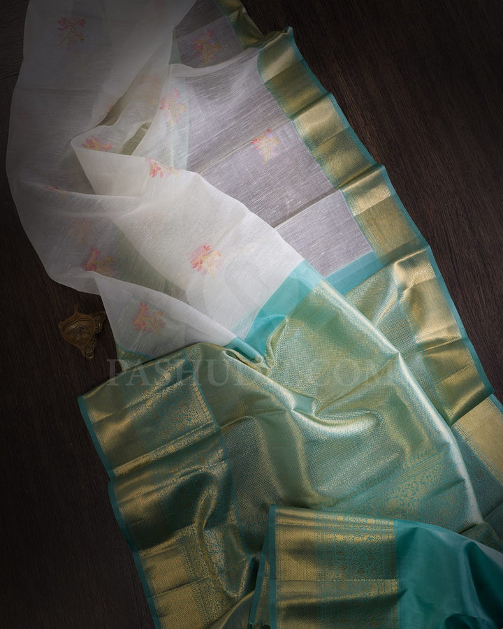 Half White And Sky Blue Kora Organza Dupion Kanjivaram Silk Saree-S1563(A)