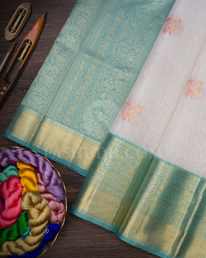 Half White And Sky Blue Kora Organza Dupion Kanjivaram Silk Saree-S1563(A)