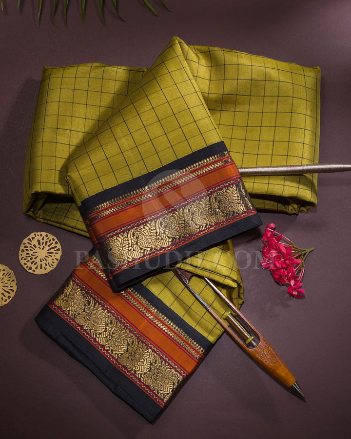 Mustard Yellow And Black Pure Zari Kanjivaram Silk Saree-SP318