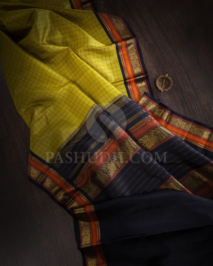 Mustard Yellow And Black Pure Zari Kanjivaram Silk Saree-SP318