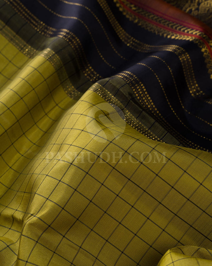 Mustard Yellow And Black Pure Zari Kanjivaram Silk Saree-SP318