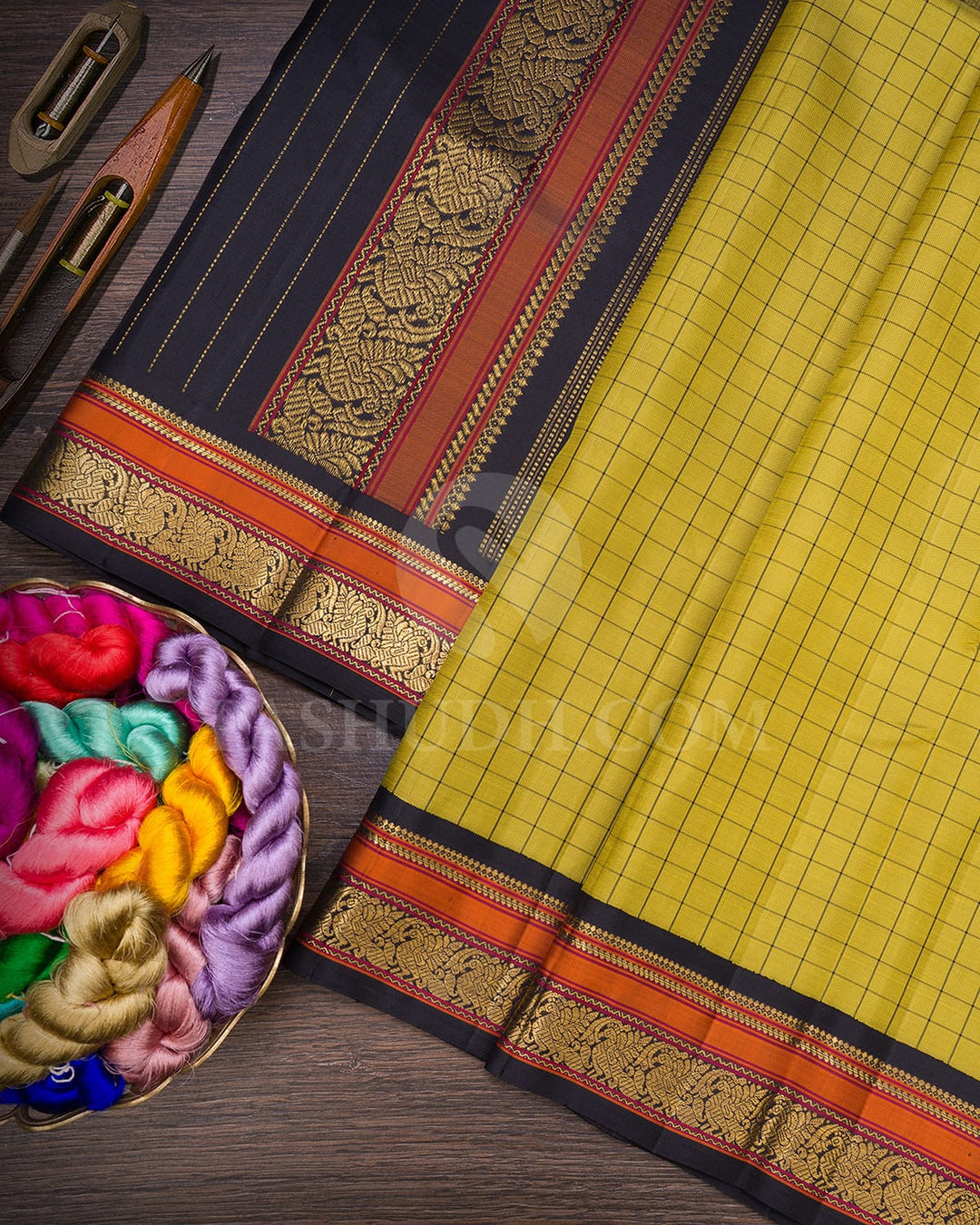 Mustard Yellow And Black Pure Zari Kanjivaram Silk Saree-SP318