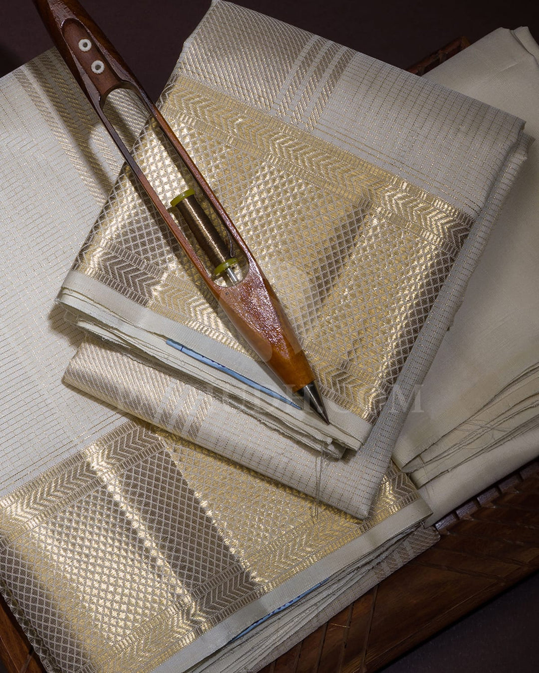 Half White/Ivory Pure Silk Dhothi With Angavastram-V33