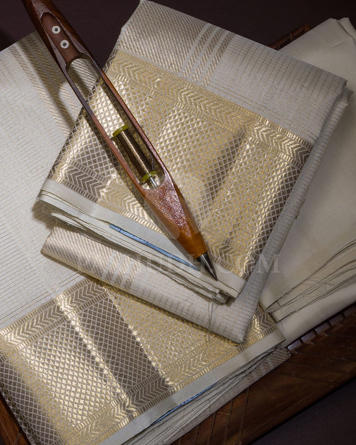 Half White/Ivory Pure Silk Dhothi With Angavastram-V33