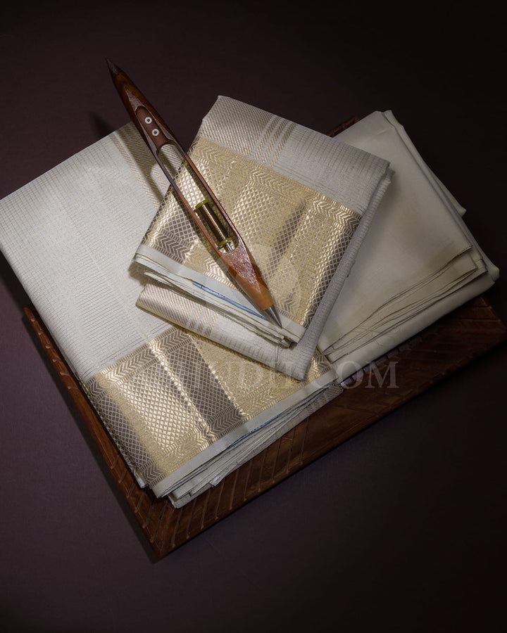 Half White/Ivory Pure Silk Dhothi With Angavastram-V33