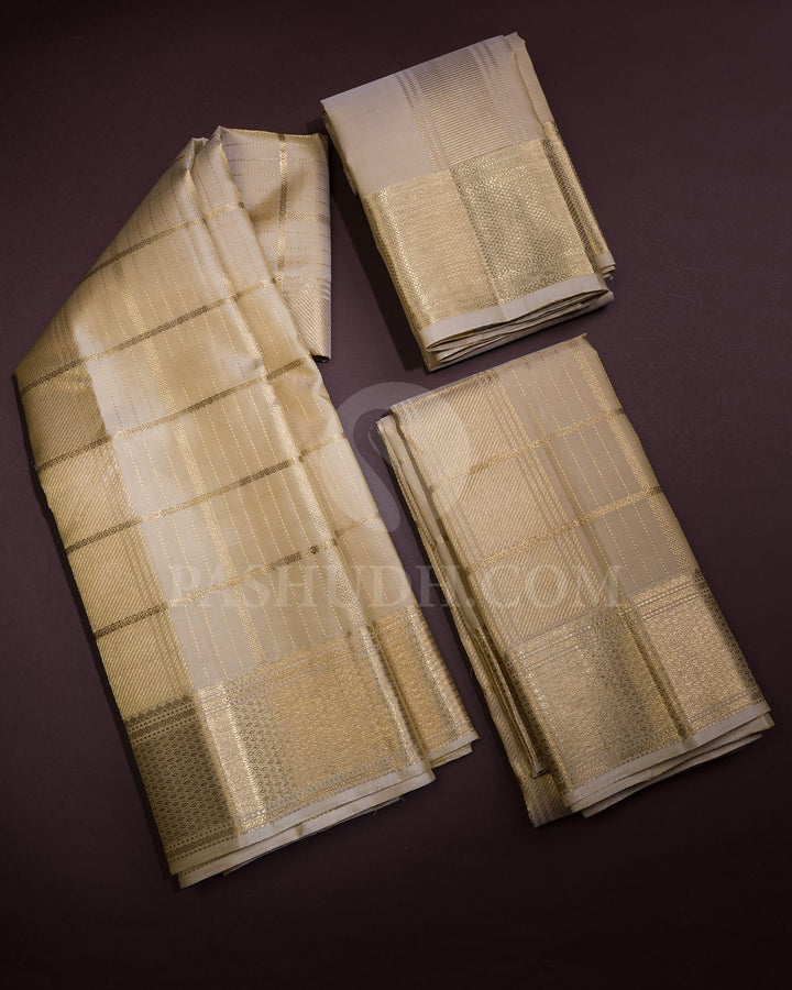 Beige Pure Silk Dhothi With Angavastram-V34
