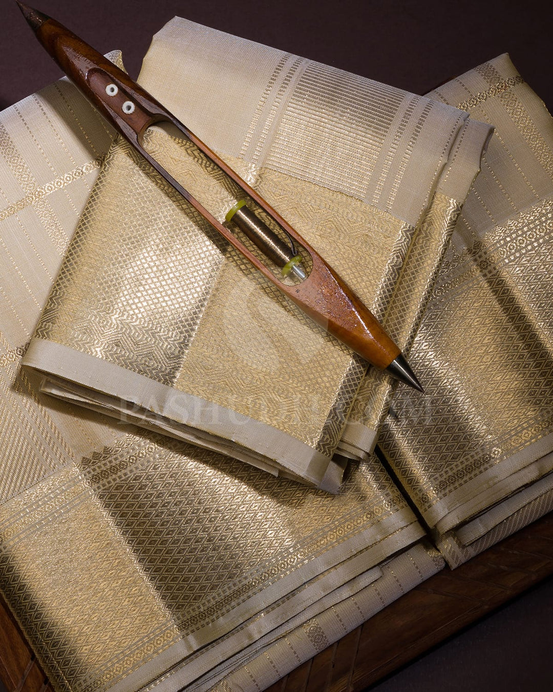 Beige Pure Silk Dhothi With Angavastram-V34