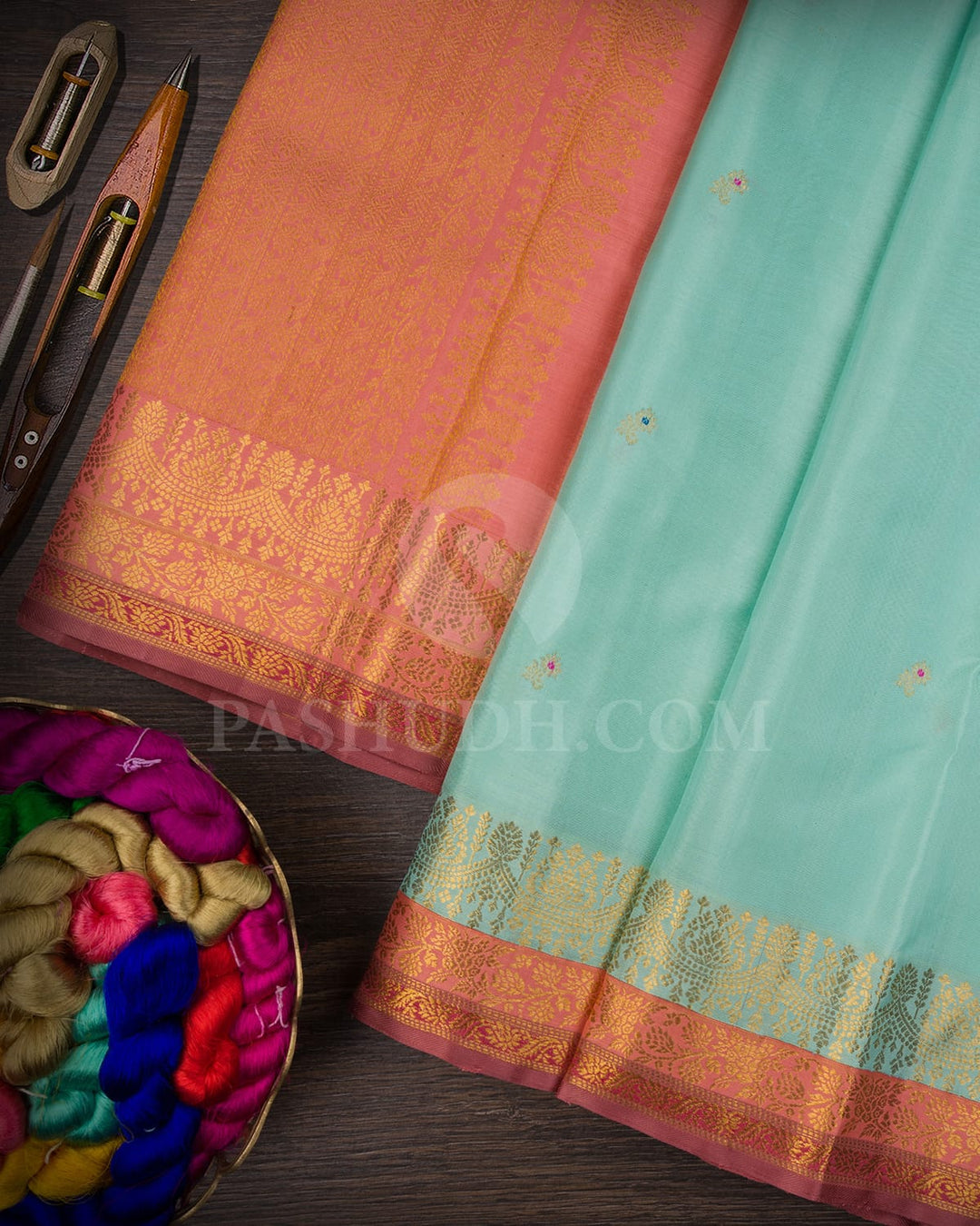 Mint Green With Mild Peach Kanjivaram Silk Saree-S1496(A)