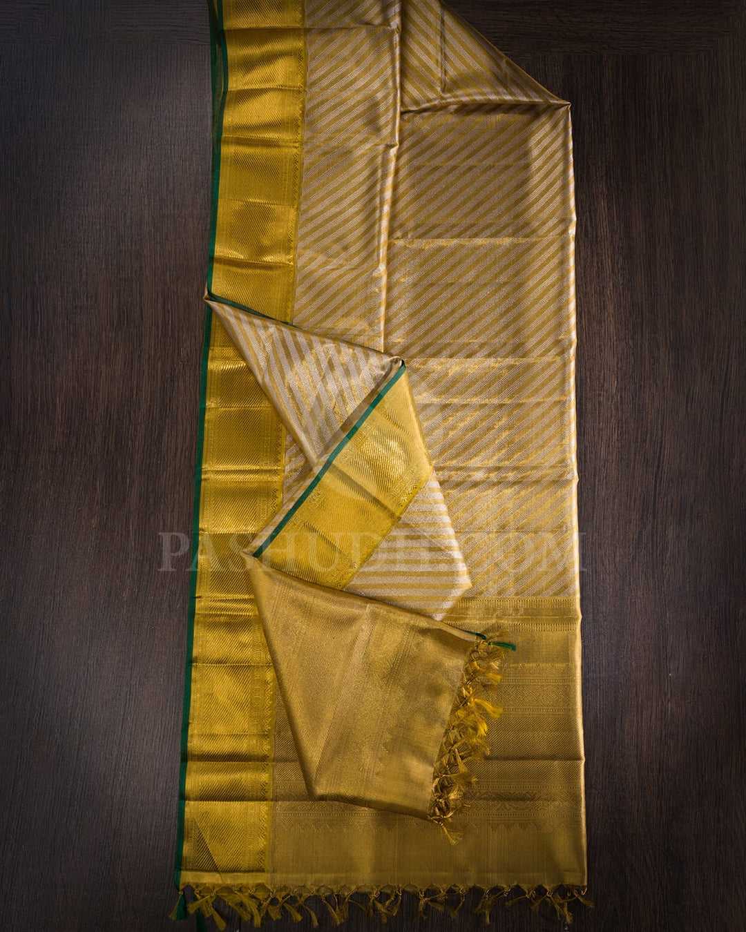 Gold And Silver Zari Tissue Silk Dupatta With Green Selvedge-T4