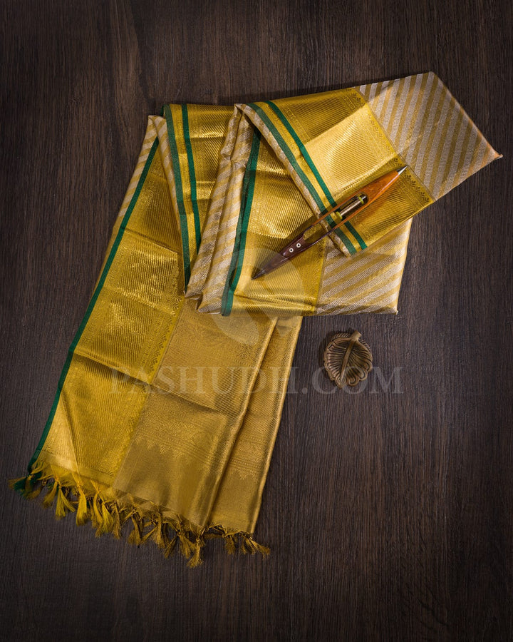 Gold And Silver Zari Tissue Silk Dupatta With Green Selvedge-T4