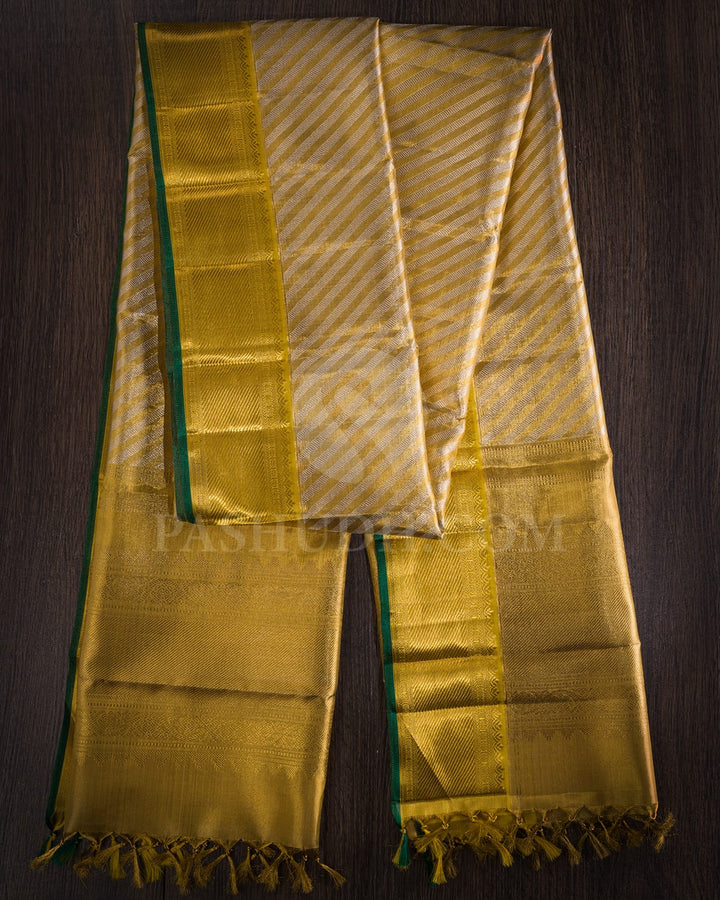 Gold And Silver Zari Tissue Silk Dupatta With Green Selvedge-T4