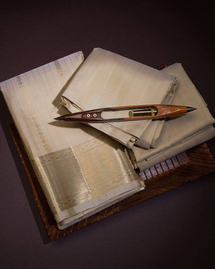 Beige Pure Silk Dhoti With Angavastram-V35