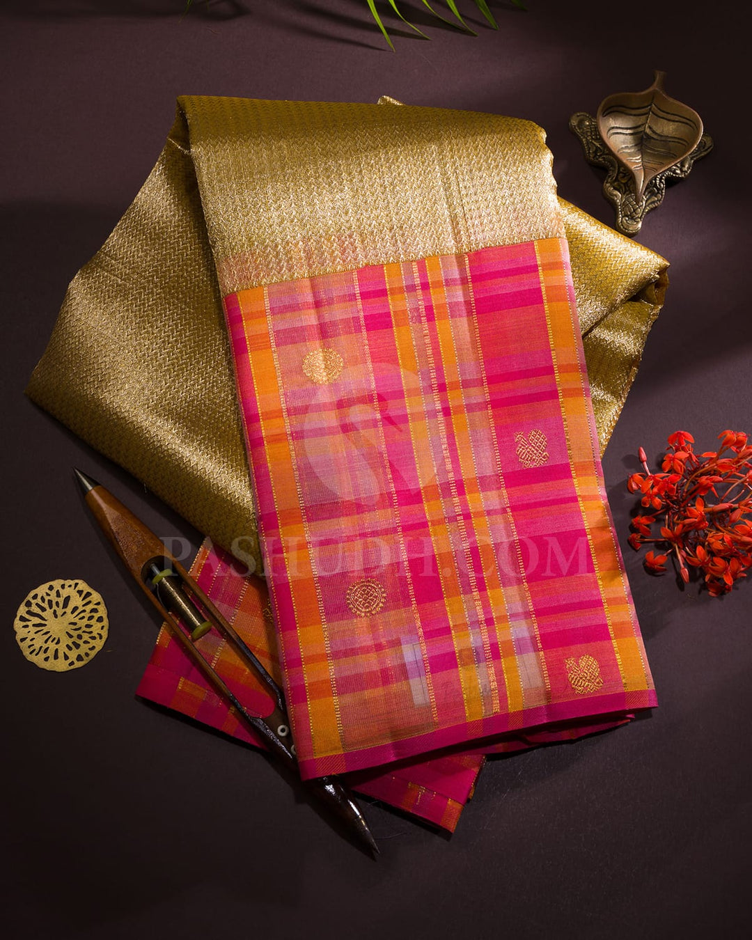 Gold And Pink Shimmer Organza Kanjivaram Silk Saree-S1501(A)