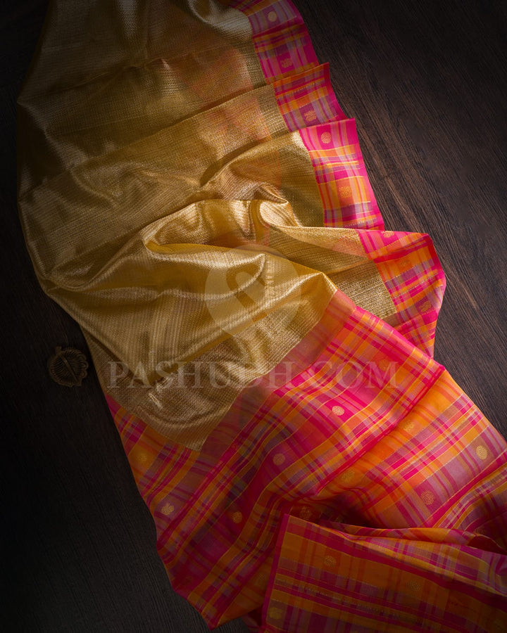 Gold And Pink Shimmer Organza Kanjivaram Silk Saree-S1501(A)