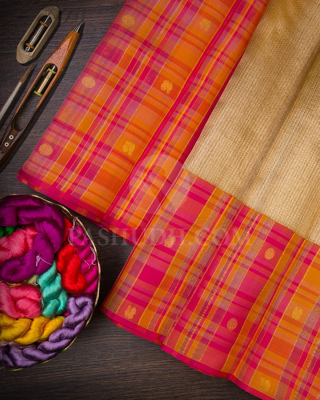 Gold And Pink Shimmer Organza Kanjivaram Silk Saree-S1501(A)