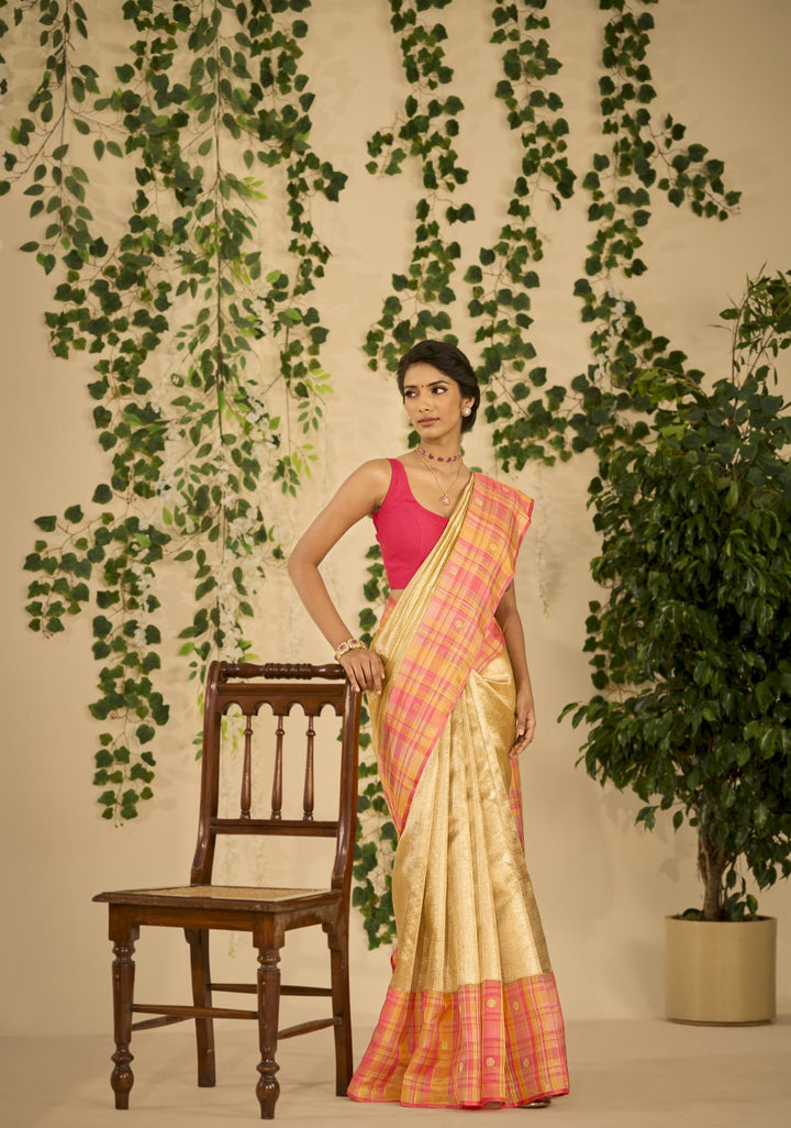 Gold And Pink Shimmer Organza Kanjivaram Silk Saree-S1501(A)