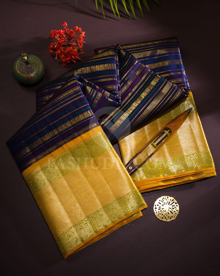 Navy Blue With Mango Yellow Kanjivaram Silk Saree-S1578(A)