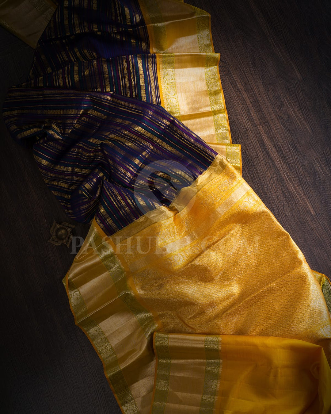 Navy Blue With Mango Yellow Kanjivaram Silk Saree-S1578(A)