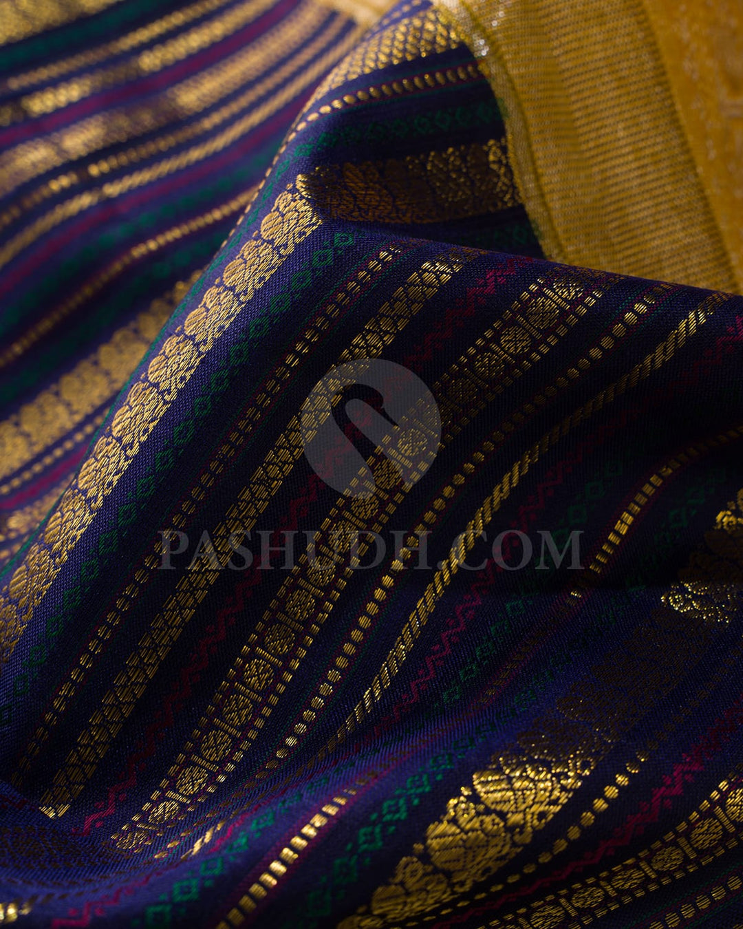 Navy Blue With Mango Yellow Kanjivaram Silk Saree-S1578(A)