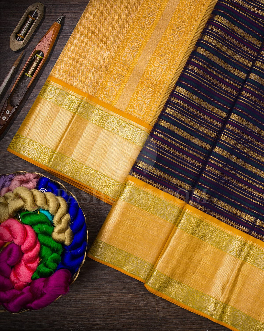 Navy Blue With Mango Yellow Kanjivaram Silk Saree-S1578(A)