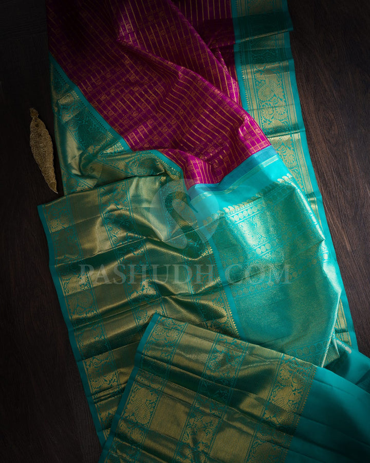 Magenta And Sky Blue Bridal Kanjivaram Silk Saree-SP344