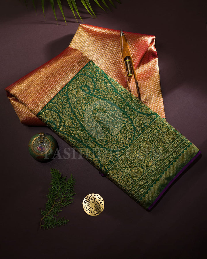 Peachy Pink And Bottle Green Kanjivaram Silk Saree-S1287(C)