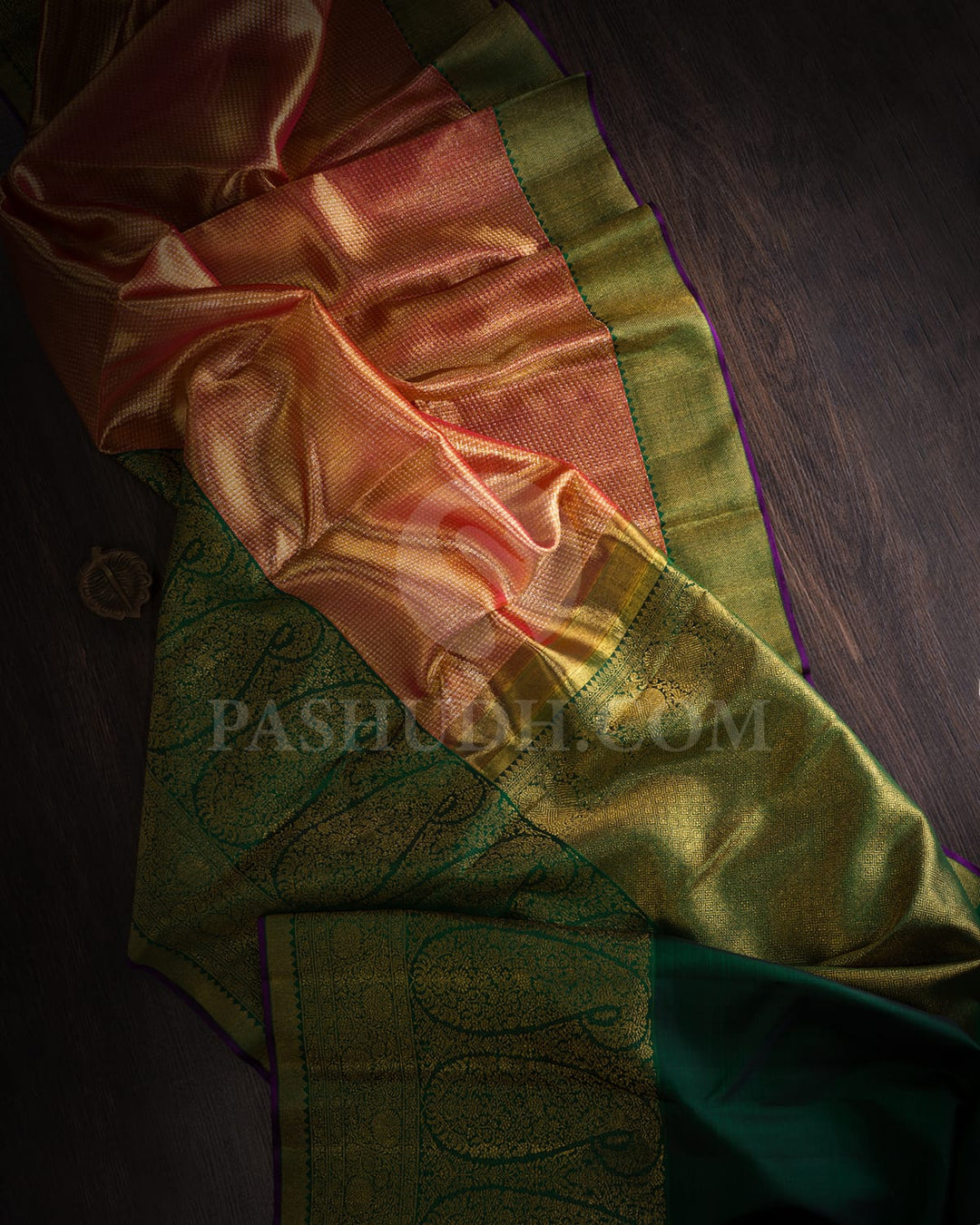 Peachy Pink And Bottle Green Kanjivaram Silk Saree-S1287(C)