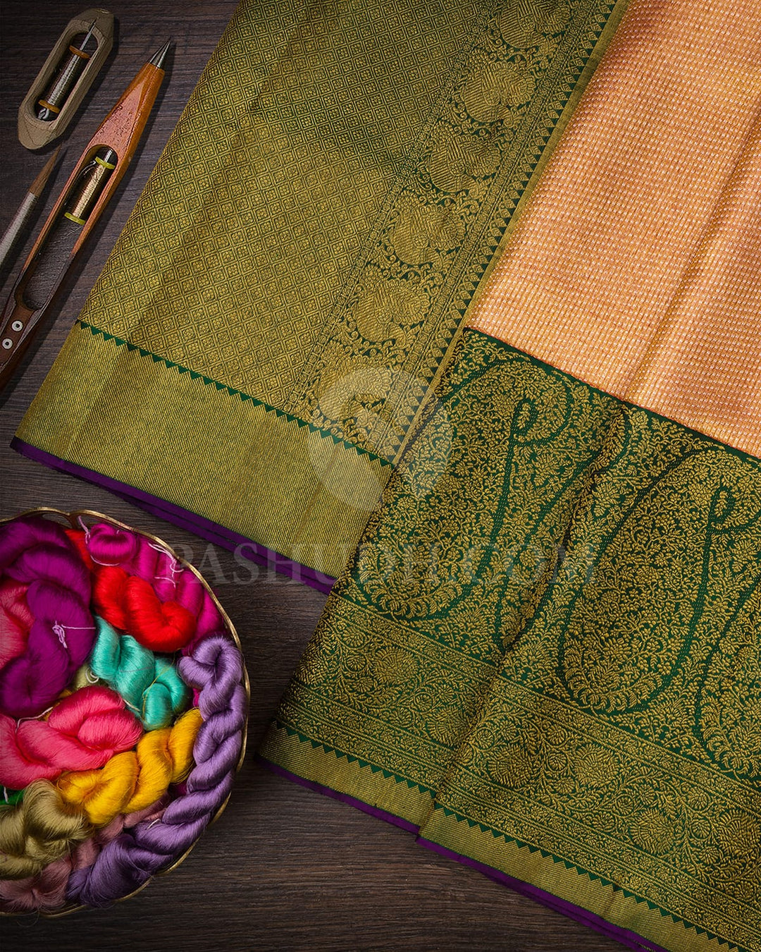 Peachy Pink And Bottle Green Kanjivaram Silk Saree-S1287(C)